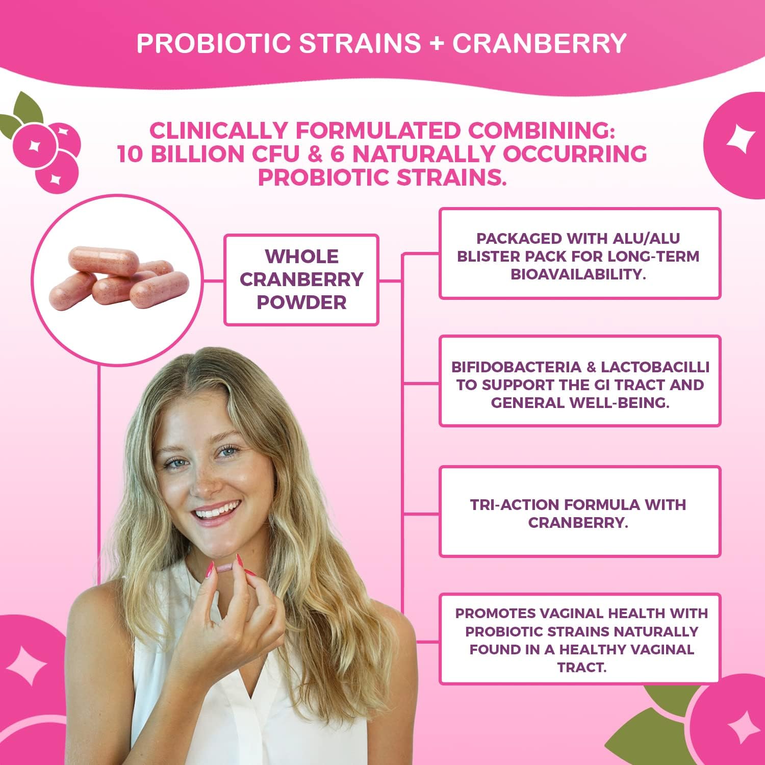 Nutricelebrity NutriFlora-Pro Probiotics for Women - Vaginal, Urinary, and Digestive Health Support - Cranberry Pills - 10 Billion CFU - 60 Capsules