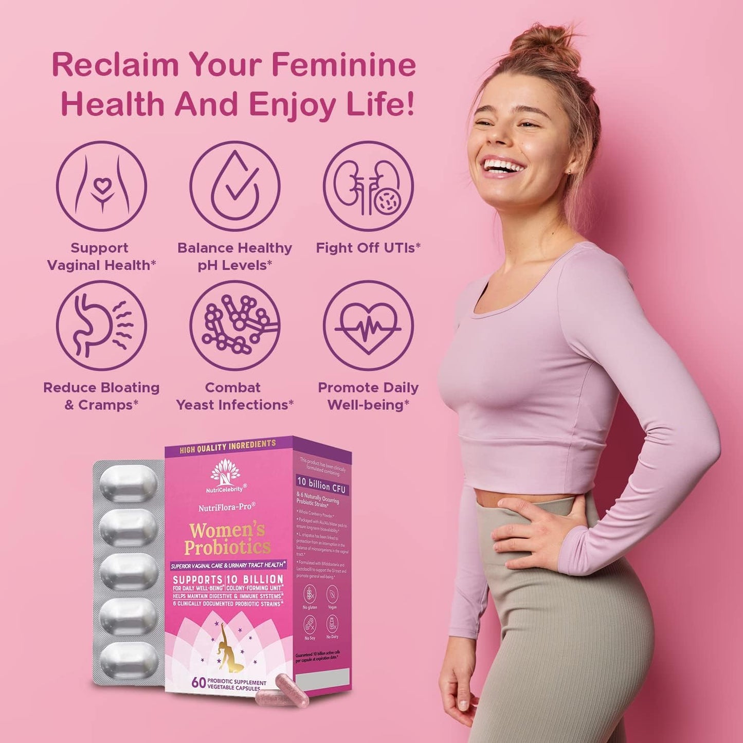 Nutricelebrity NutriFlora-Pro Probiotics for Women - Vaginal, Urinary, and Digestive Health Support - Cranberry Pills - 10 Billion CFU - 60 Capsules