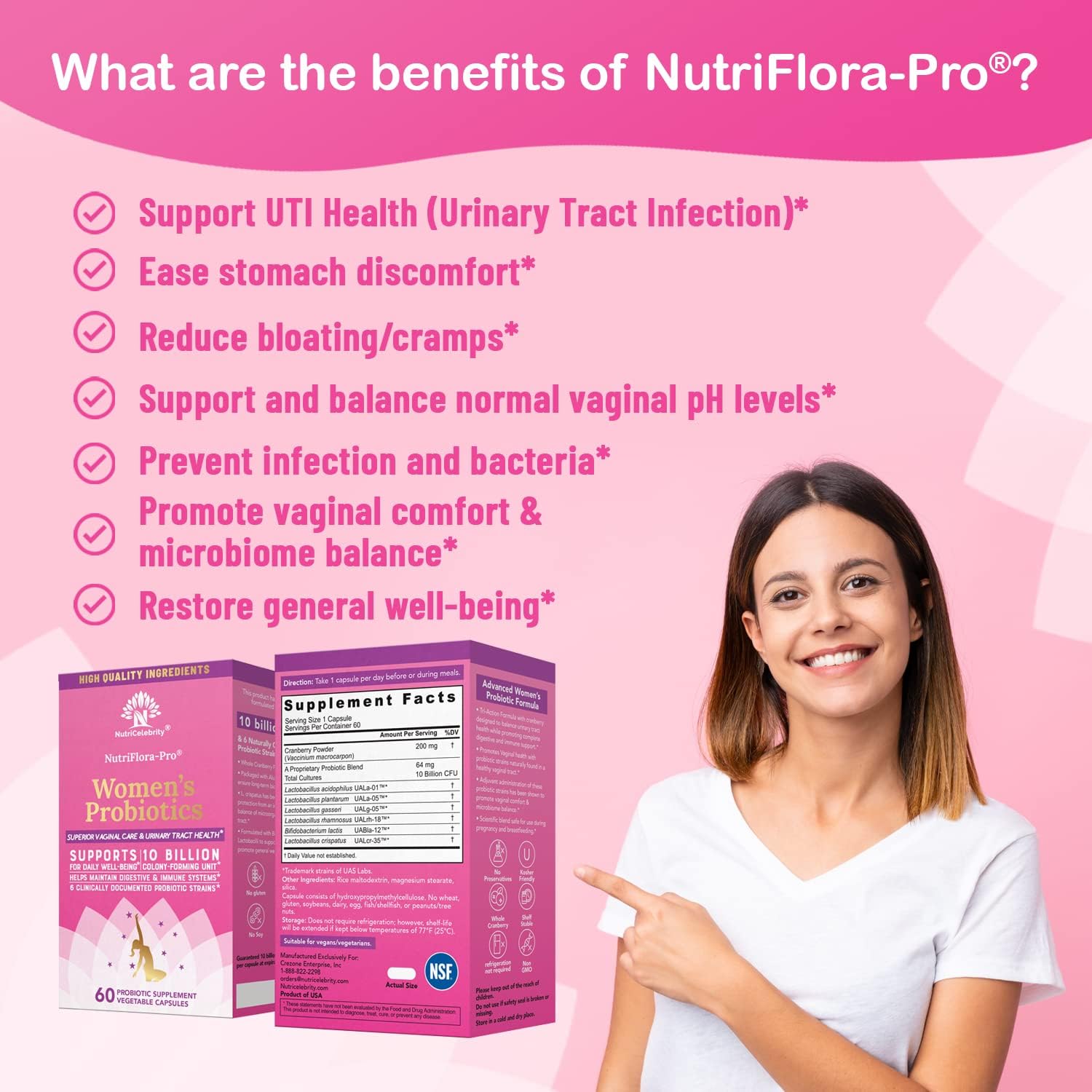 Nutricelebrity NutriFlora-Pro Probiotics for Women - Vaginal, Urinary, and Digestive Health Support - Cranberry Pills - 10 Billion CFU - 60 Capsules