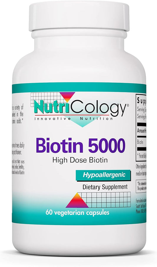 Nutricology Biotin 5000 Supplement - High Dose 5000mcg Biotin Capsules for Hair, Skin, Nails - Vegetarian, Hypoallergenic, Gluten Free - 60 Count