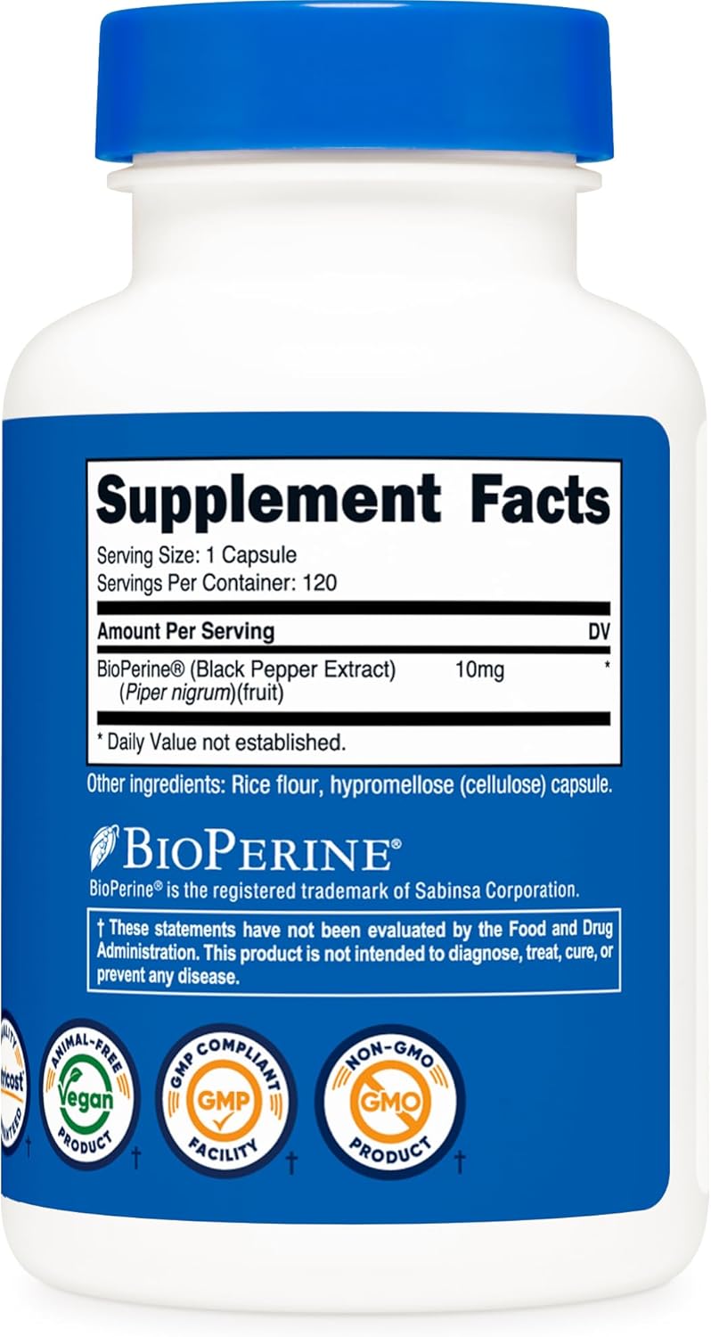 Nutricost Bioperine Capsules - 10mg Per Serving, 120 Count, Gluten-Free