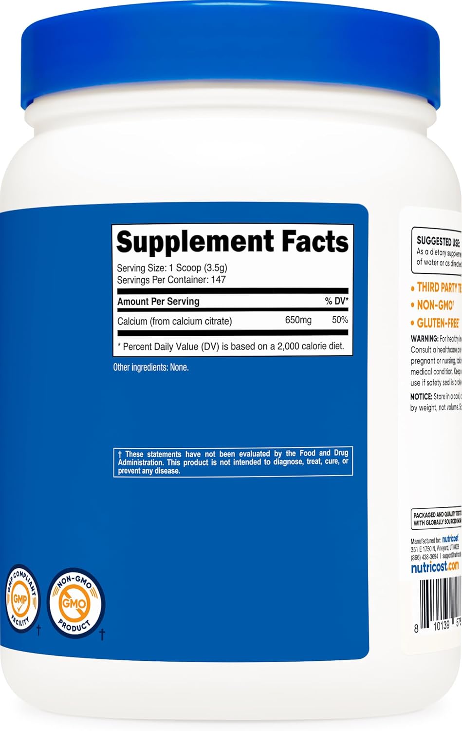 Nutricost Calcium Citrate Powder - 500g Unflavored Pure Calcium, No Fillers, Gluten Free
