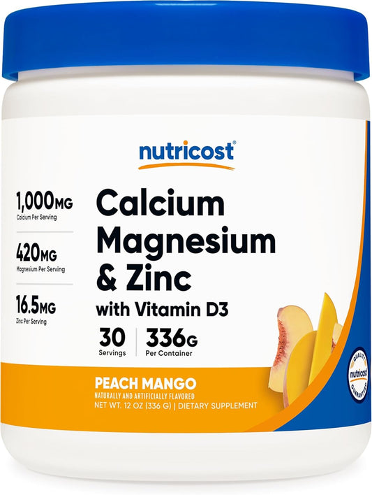 Nutricost Calcium Magnesium Zinc Citrates with Vitamin D3 Powder - Peach Mango Flavor - 30 Servings