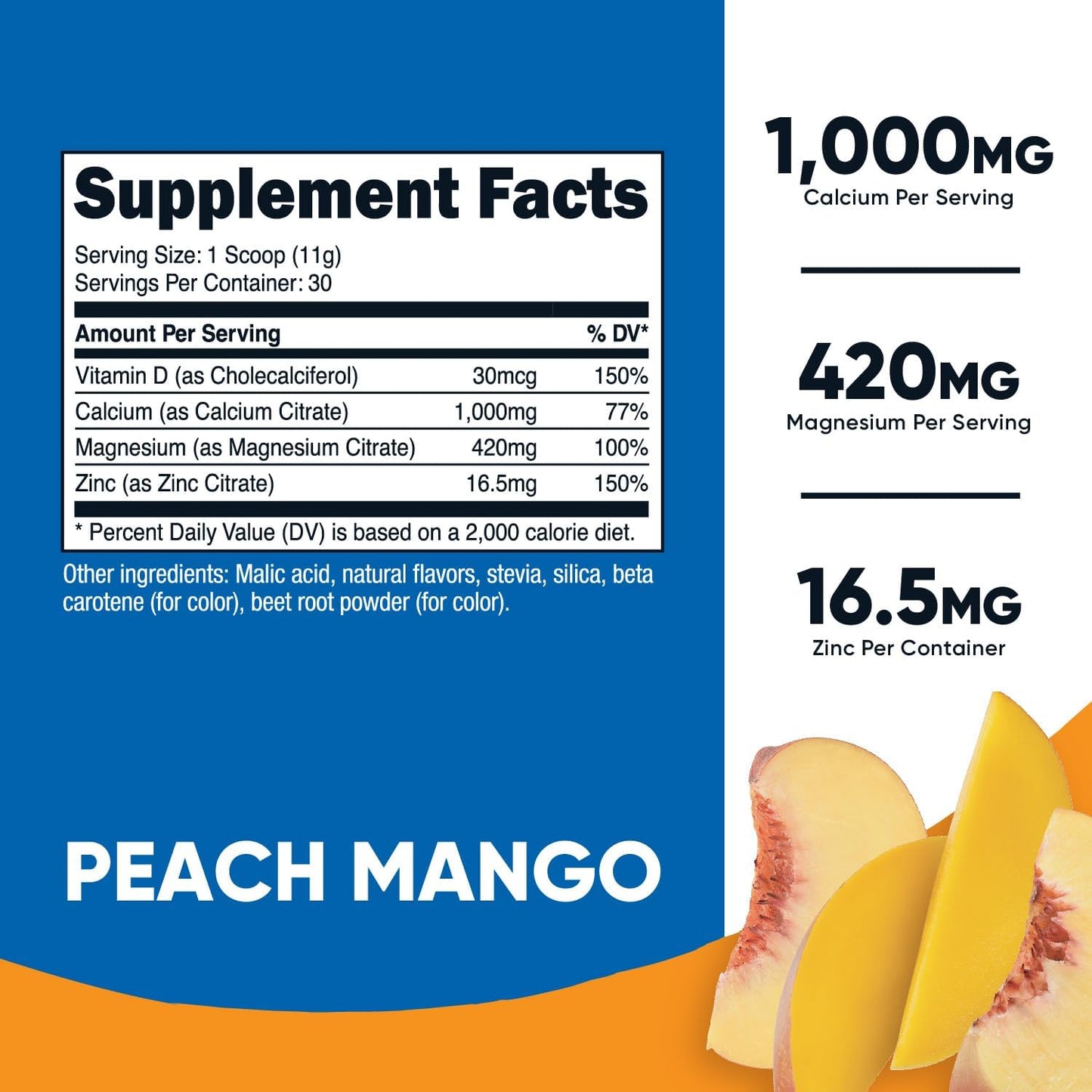 Nutricost Calcium Magnesium Zinc Citrates with Vitamin D3 Powder - Peach Mango Flavor - 30 Servings