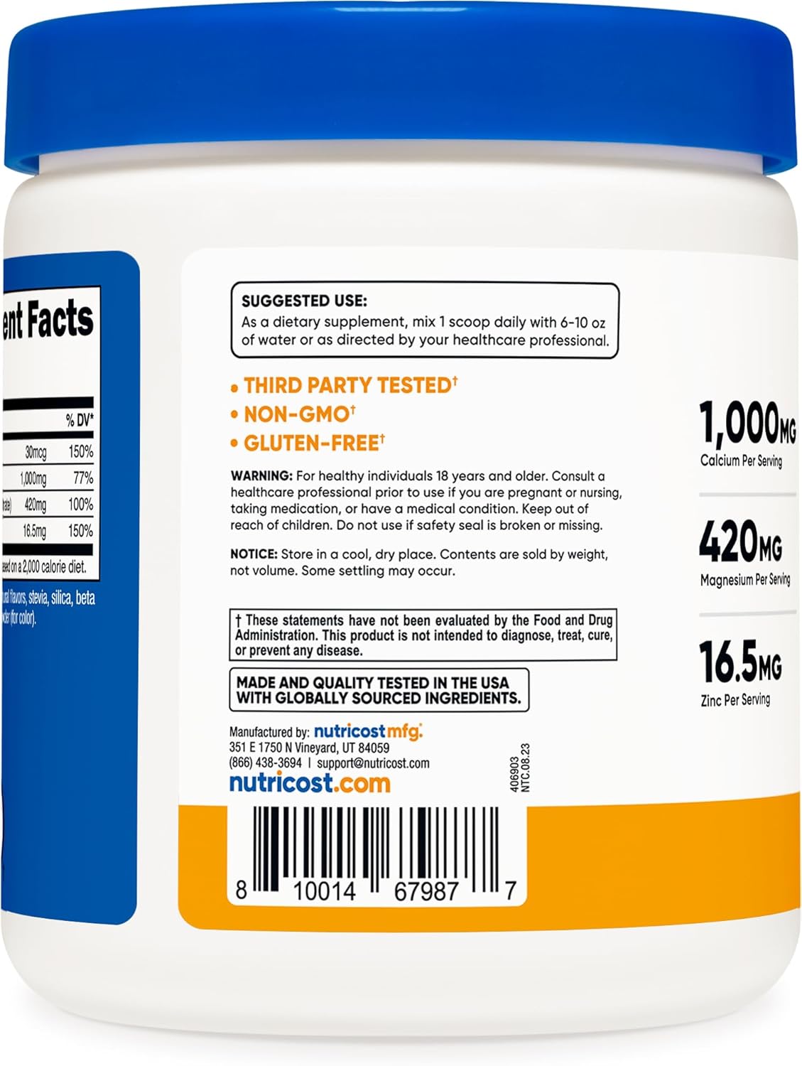 Nutricost Calcium Magnesium Zinc Citrates with Vitamin D3 Powder - Peach Mango Flavor - 30 Servings