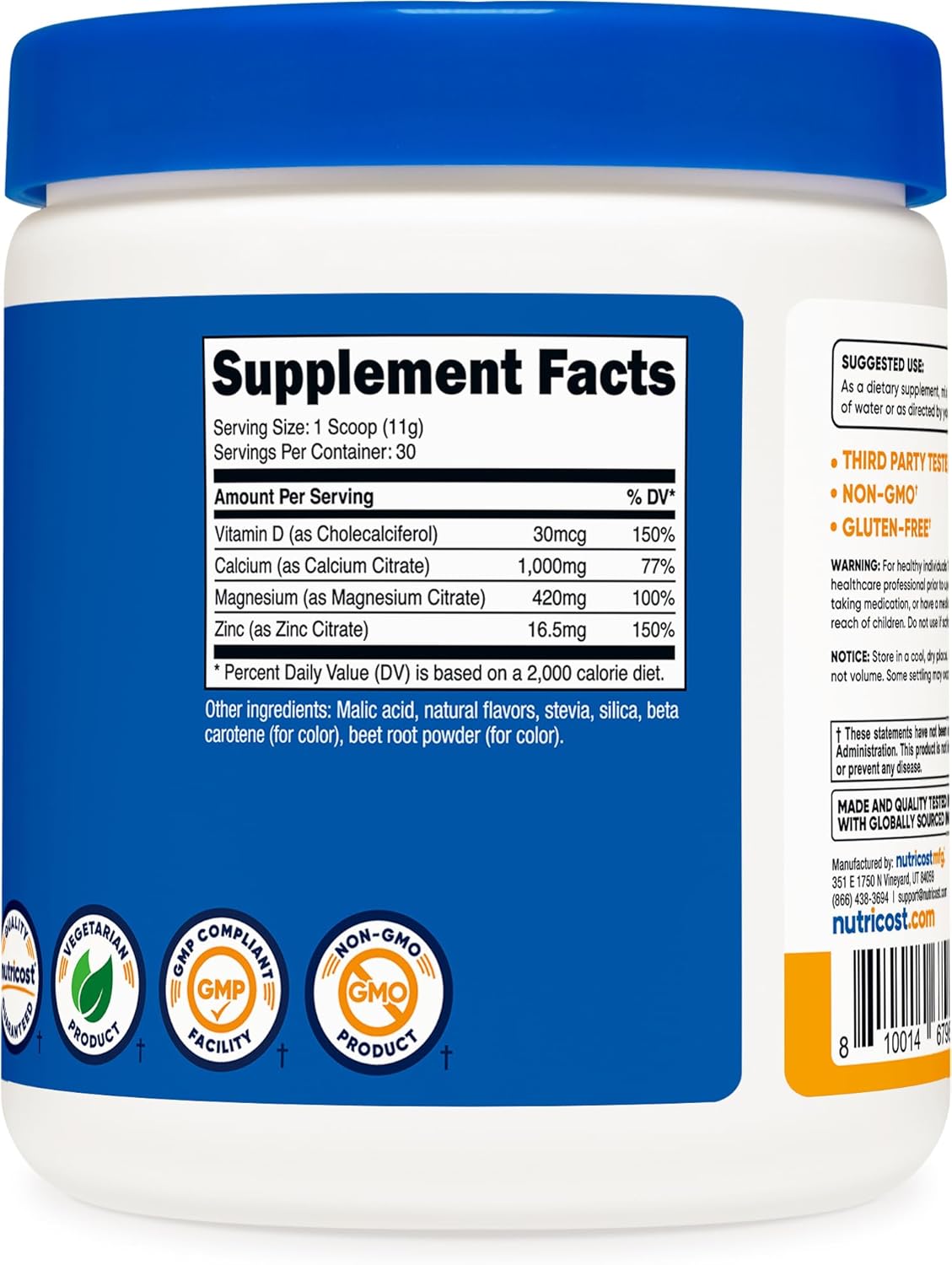 Nutricost Calcium Magnesium Zinc Citrates with Vitamin D3 Powder - Peach Mango Flavor - 30 Servings