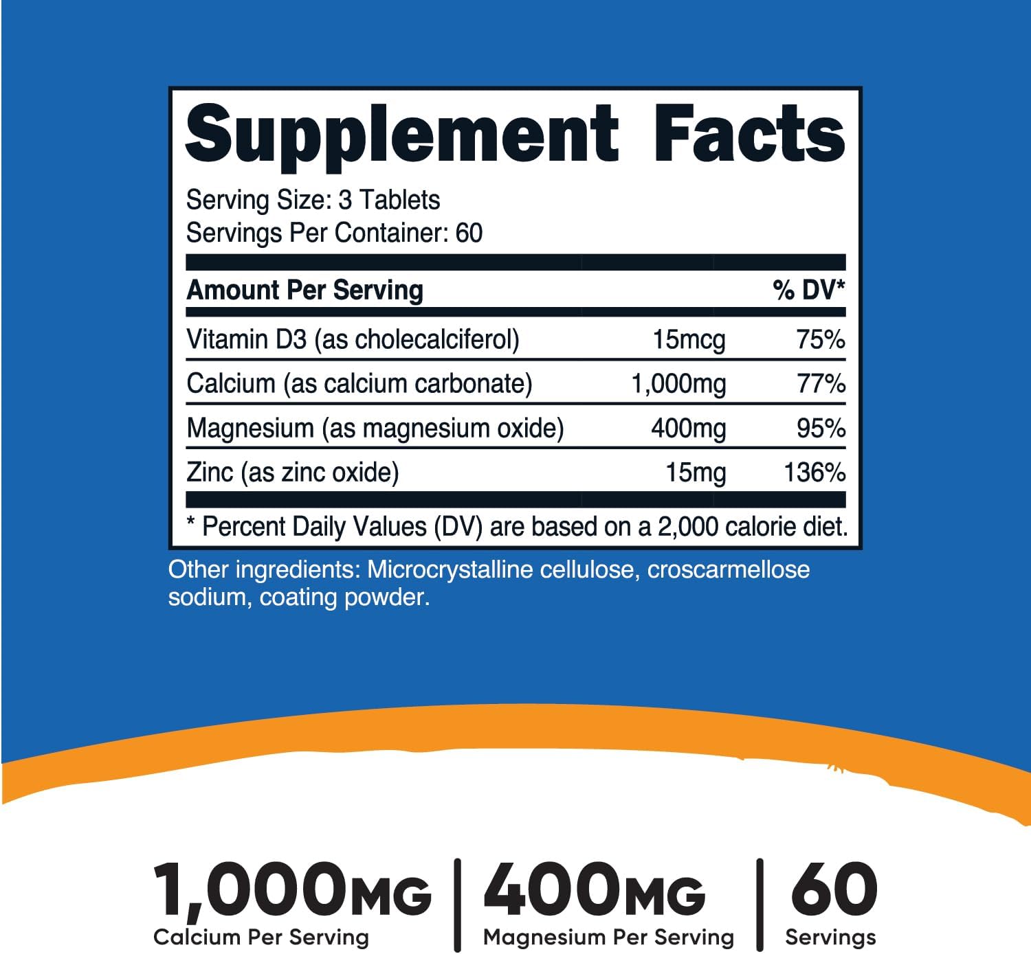 Nutricost Calcium, Magnesium & Zinc Tablets 1,415 mg - 180 Tablets, Vitamin & Mineral Supplement - Gluten Free, Non-GMO - 60 Servings