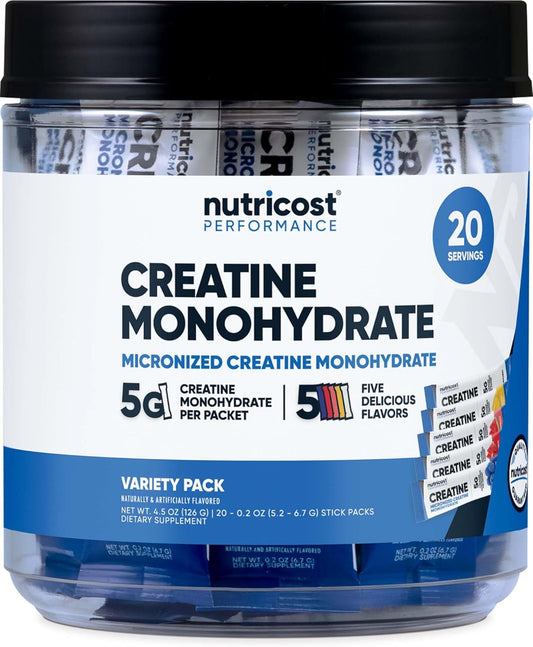 Nutricost Creatine Monohydrate Powder Stickpacks Variety Pack - 5 Flavors, 20 Servings, Micronized Formula with 5g Creatine Per Serving
