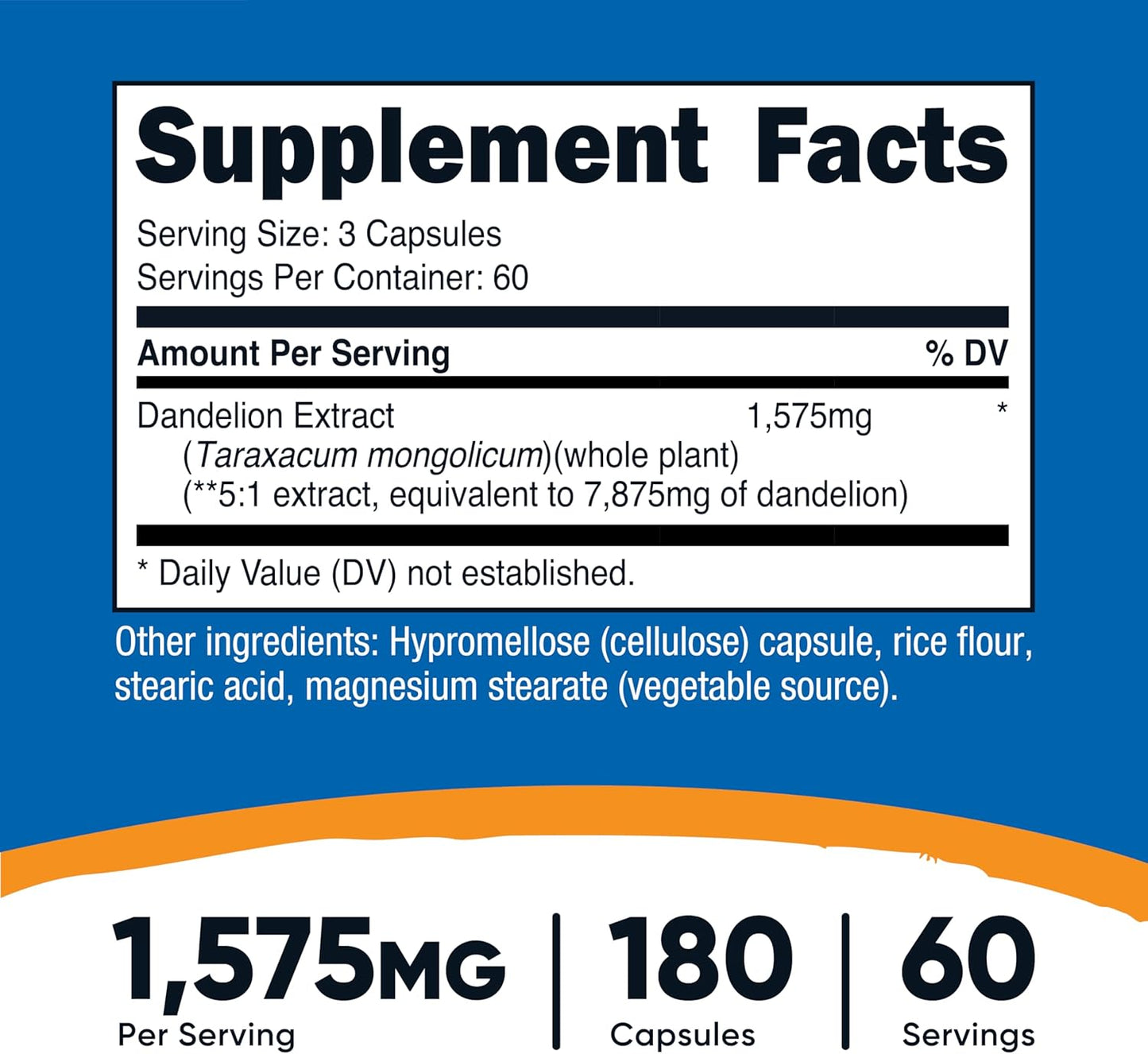 Nutricost Dandelion Extract Capsules - 1575mg Per Serving (180 Caps) - Non-GMO & Gluten Free - 5:1 Extract (7,875mg Equivalent)