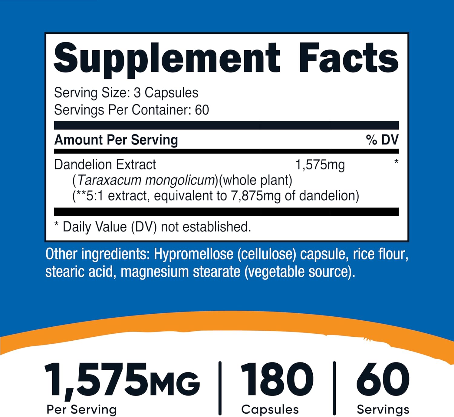 Nutricost Dandelion Extract Capsules - 1575mg Per Serving (180 Caps) - Non-GMO & Gluten Free - 5:1 Extract (7,875mg Equivalent)