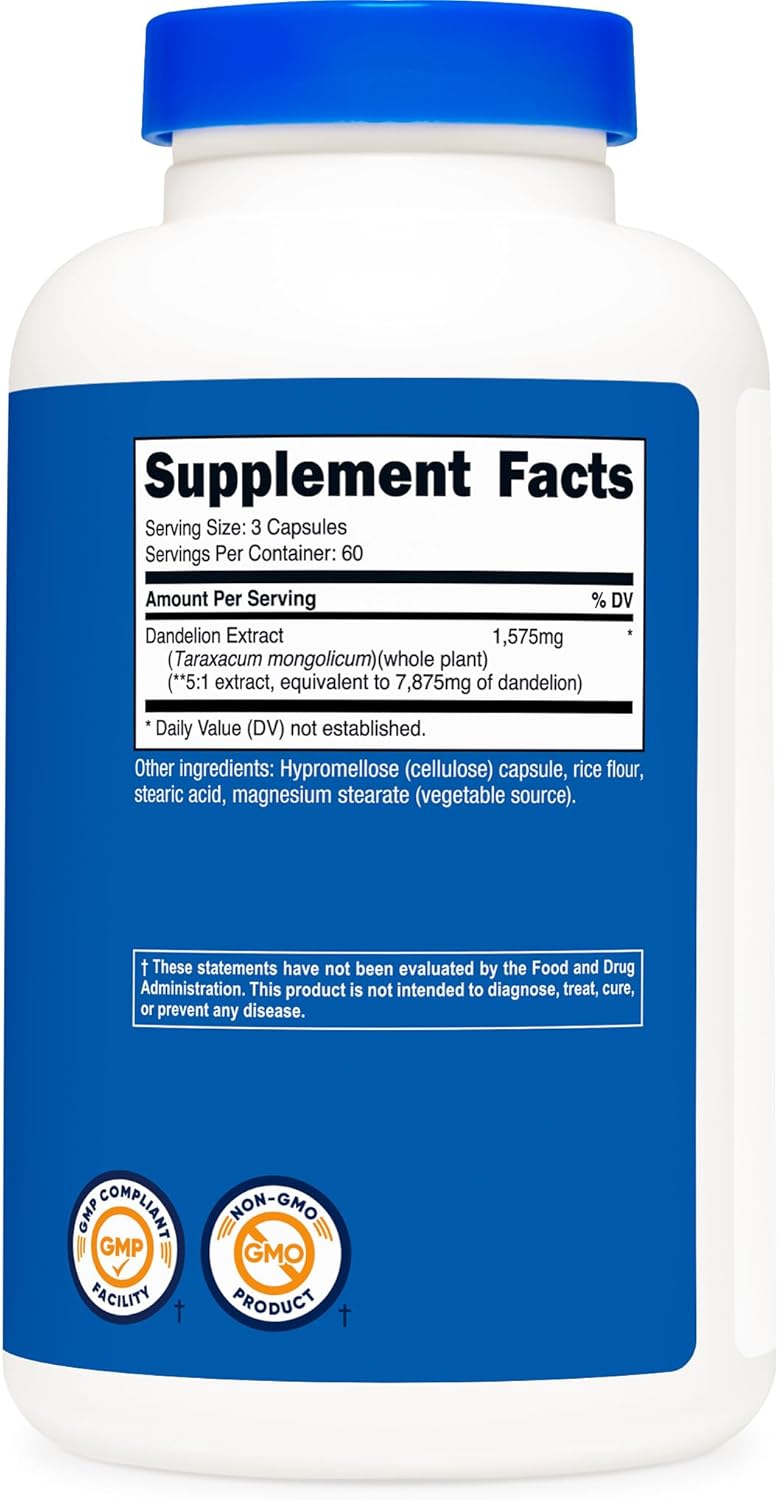 Nutricost Dandelion Extract Capsules - 1575mg Per Serving (180 Caps) - Non-GMO & Gluten Free - 5:1 Extract (7,875mg Equivalent)