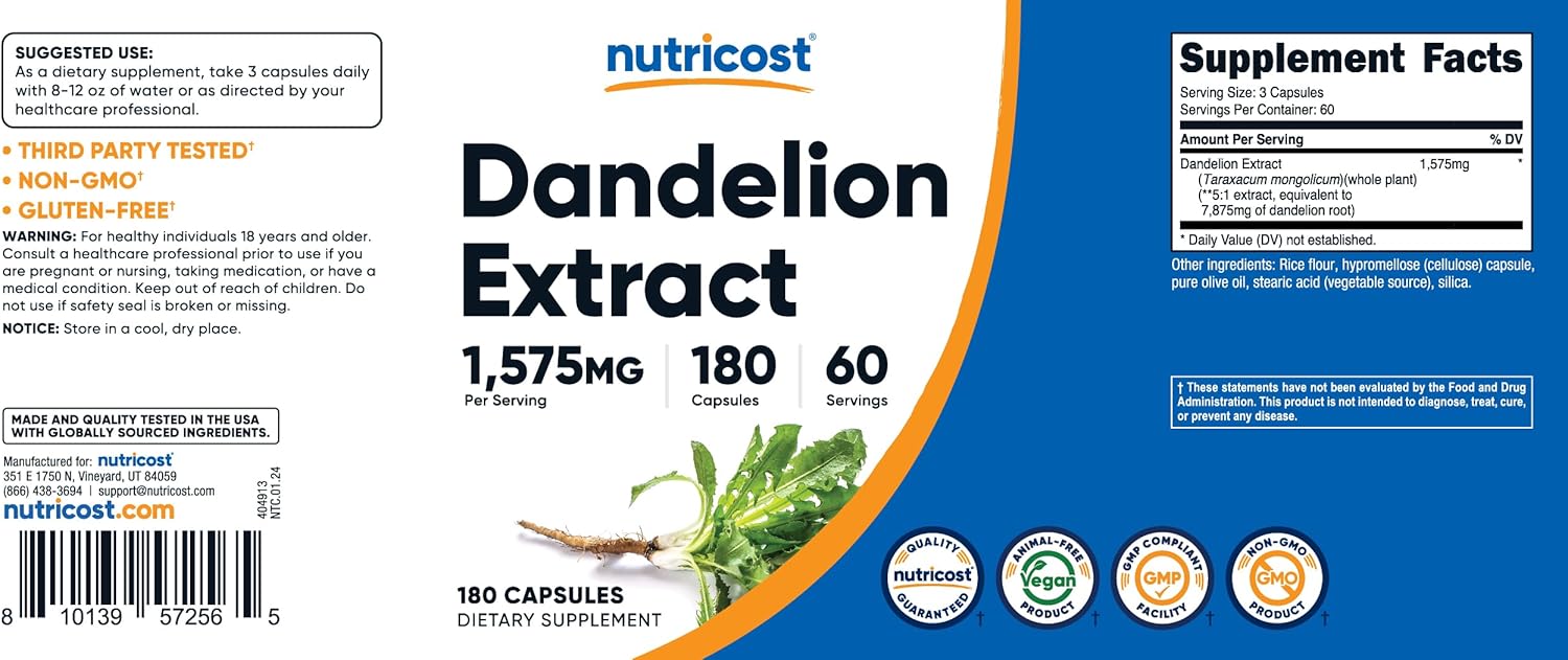 Nutricost Dandelion Extract Capsules - 1575mg Per Serving (180 Caps) - Non-GMO & Gluten Free - 5:1 Extract (7,875mg Equivalent)