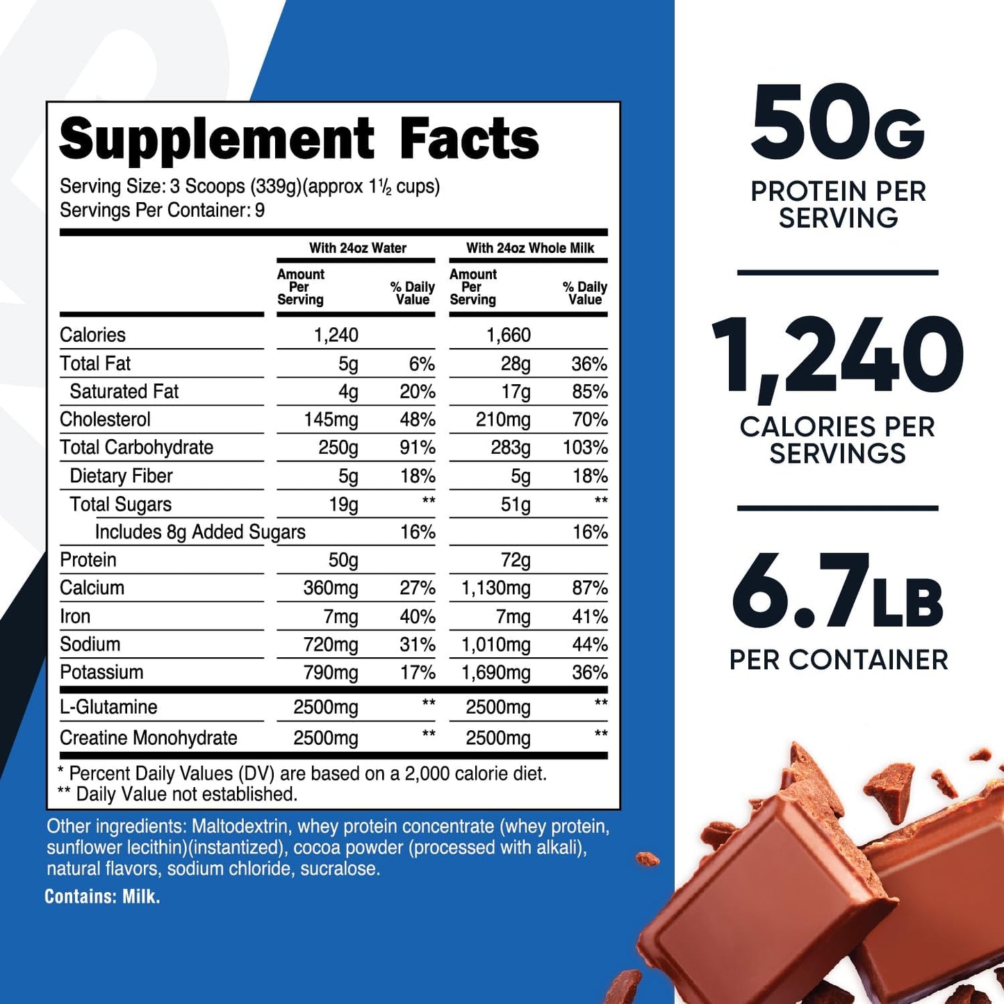 Nutricost Double Chocolate Mass Gainer Protein Powder - 6.7 LBS, 50g Protein Per Serving, Non-GMO & Gluten Free