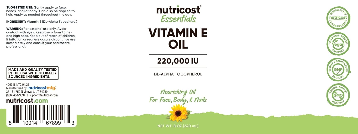 Nutricost Essentials Vitamin E Oil - 8 oz (230,000 IU) for Skin, Hair, Nails - Premium Vitamin E Oil