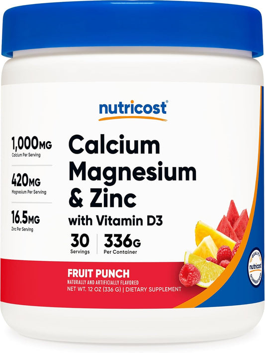 Nutricost Fruit Punch Calcium Magnesium Zinc Vitamin D3 Powder - 30 Servings - Gluten-Free, Non-GMO - 1000 MG Calcium, 420 MG Magnesium, 16.5 MG Zinc, 30 MCG Vitamin D3