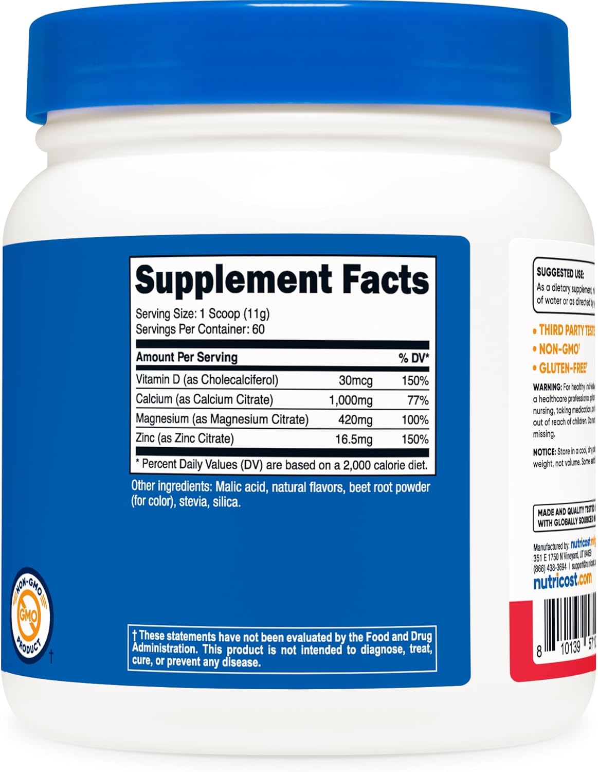 Nutricost Fruit Punch Calcium Magnesium Zinc Vitamin D3 Powder - 60 Servings, 1000mg Calcium, 420mg Magnesium, 16.5mg Zinc, 30mcg Vitamin D3 - Gluten Free, Non-GMO