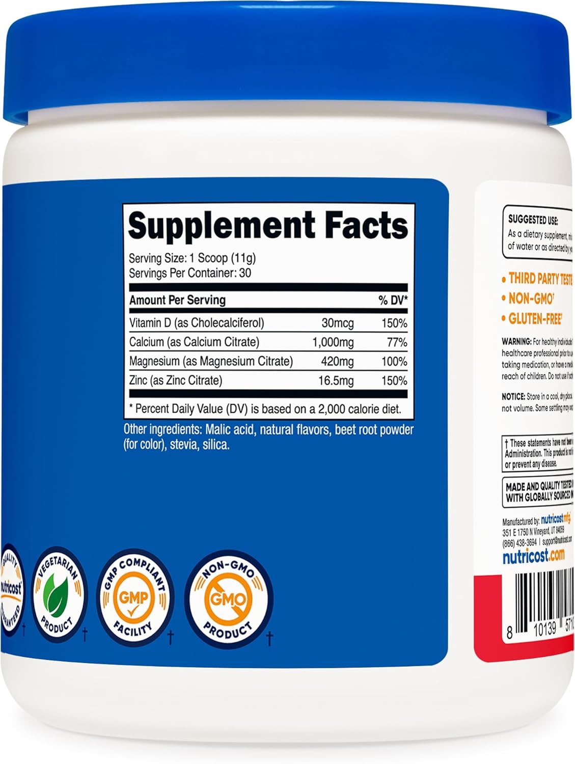 Nutricost Fruit Punch Calcium Magnesium Zinc Vitamin D3 Powder - 30 Servings - Gluten-Free, Non-GMO - 1000 MG Calcium, 420 MG Magnesium, 16.5 MG Zinc, 30 MCG Vitamin D3