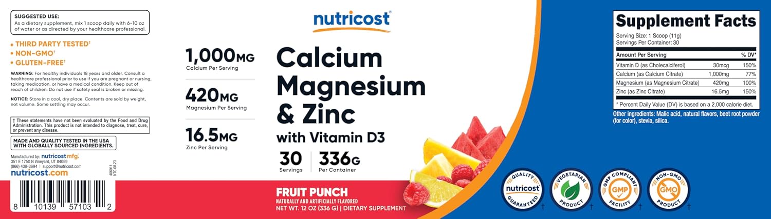 Nutricost Fruit Punch Calcium Magnesium Zinc Vitamin D3 Powder - 30 Servings - Gluten-Free, Non-GMO - 1000 MG Calcium, 420 MG Magnesium, 16.5 MG Zinc, 30 MCG Vitamin D3
