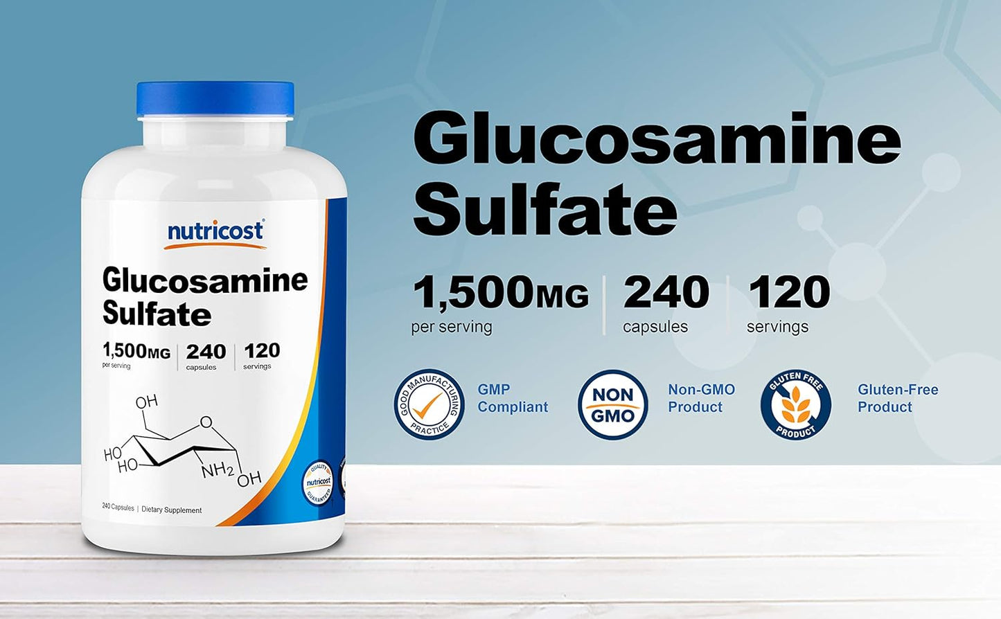 Nutricost Glucosamine Sulfate Capsules - 240 Count (3 Bottles) - 1500mg Per Serving - Joint Support Supplement