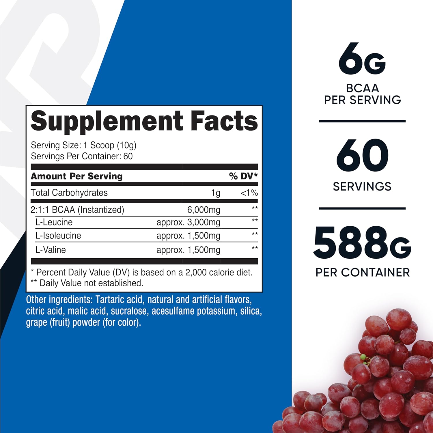 Nutricost Grape BCAA Powder - 60 Servings, Vegetarian, Non-GMO, Gluten Free, 2:1:1 Ratio - BoostGo Australia
