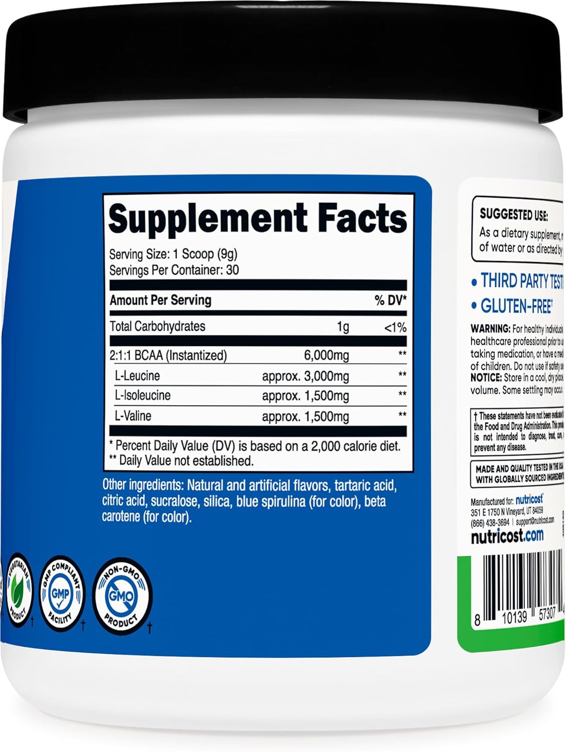 Nutricost Green Apple BCAA Powder - 30 Servings, Vegetarian, Non-GMO, Gluten Free, 2:1:1 Ratio
