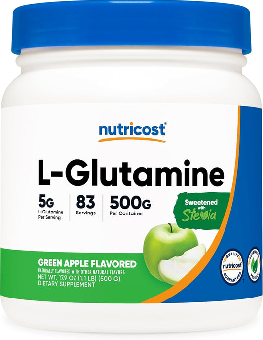 Nutricost Green Apple L-Glutamine Powder - 500g Gut Support Supplement, 5g per Serving, Sweetened with Stevia - Gluten Free, Non GMO