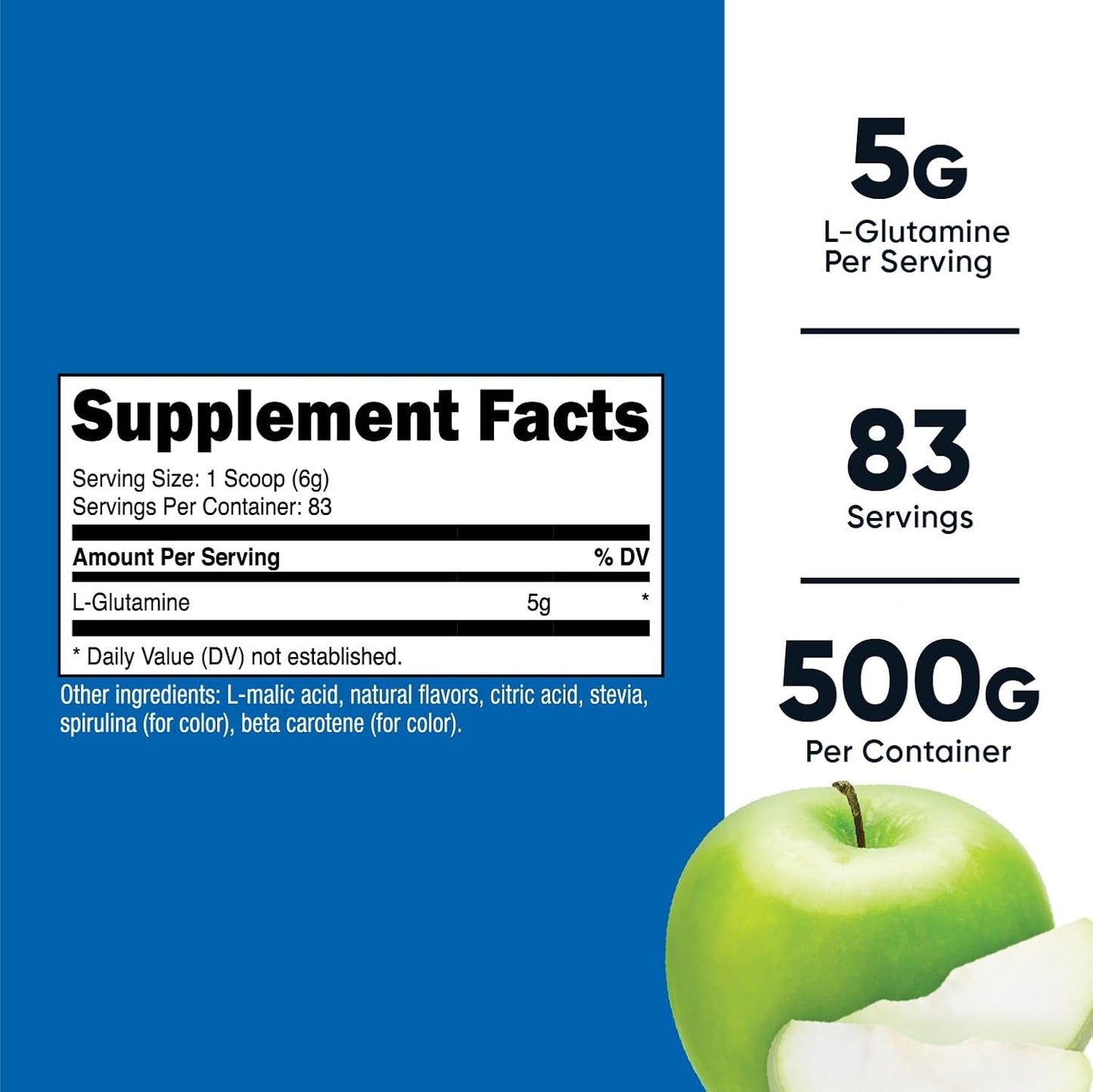 Nutricost Green Apple L-Glutamine Powder - 500g Gut Support Supplement, 5g per Serving, Sweetened with Stevia - Gluten Free, Non GMO