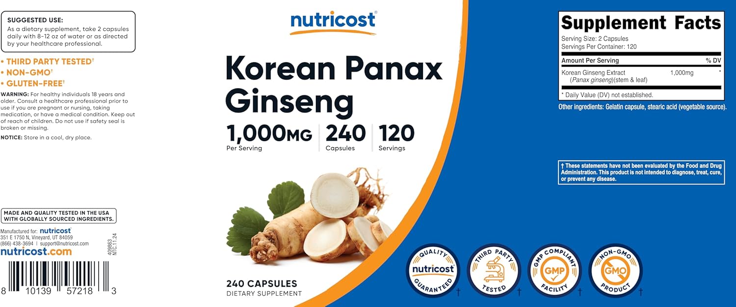 Nutricost Korean Panax Red Ginseng Capsules - 1000mg, 240 Count - Non-GMO & Gluten Free - 120 Servings of 500mg Per Capsule