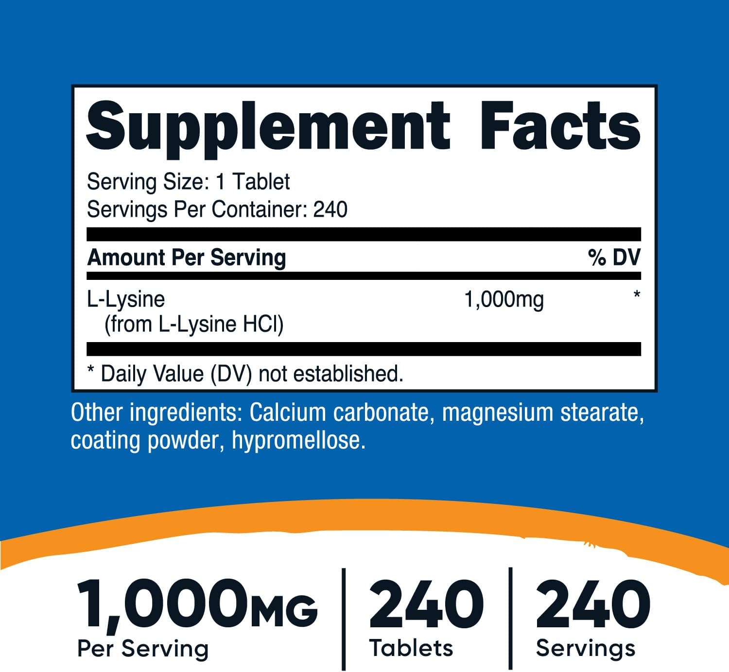 Nutricost L-Lysine 1000mg Tablets - 240 Count, Gluten-Free, Non-GMO, Vegetarian-Friendly