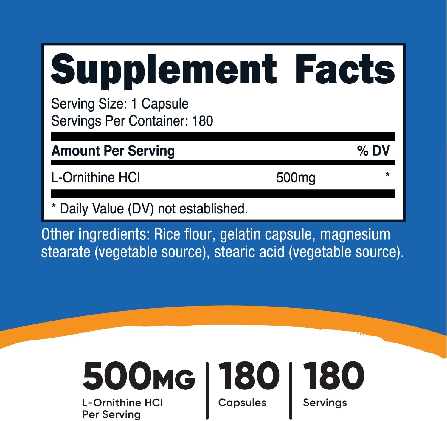 Nutricost L-Ornithine 500mg Capsules - 180 Count, Non-GMO, Gluten-Free