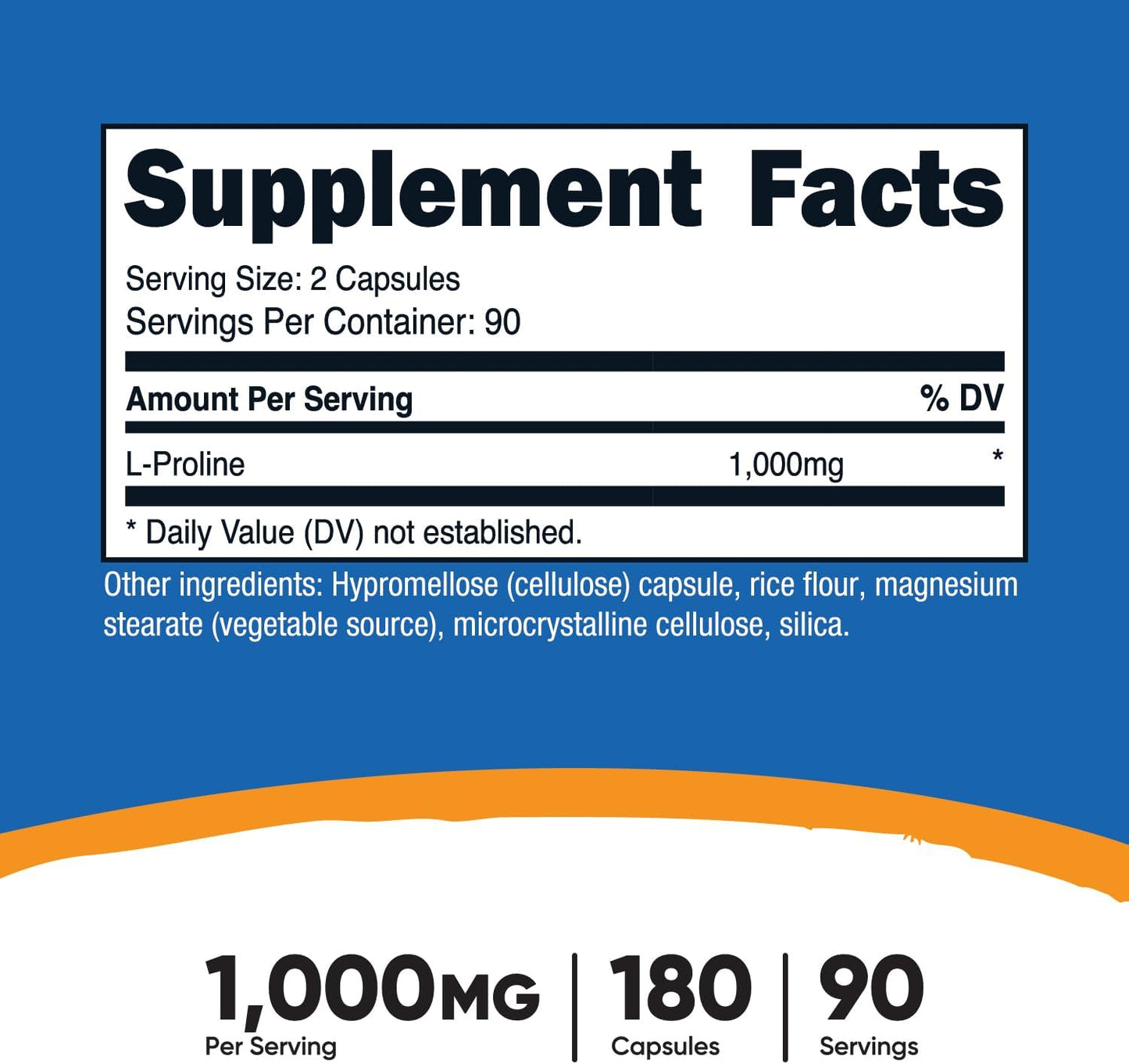 Nutricost L-Proline 1000mg Capsules - 180 Count (90 Servings), 500mg Per Capsule, Non-GMO, Gluten Free