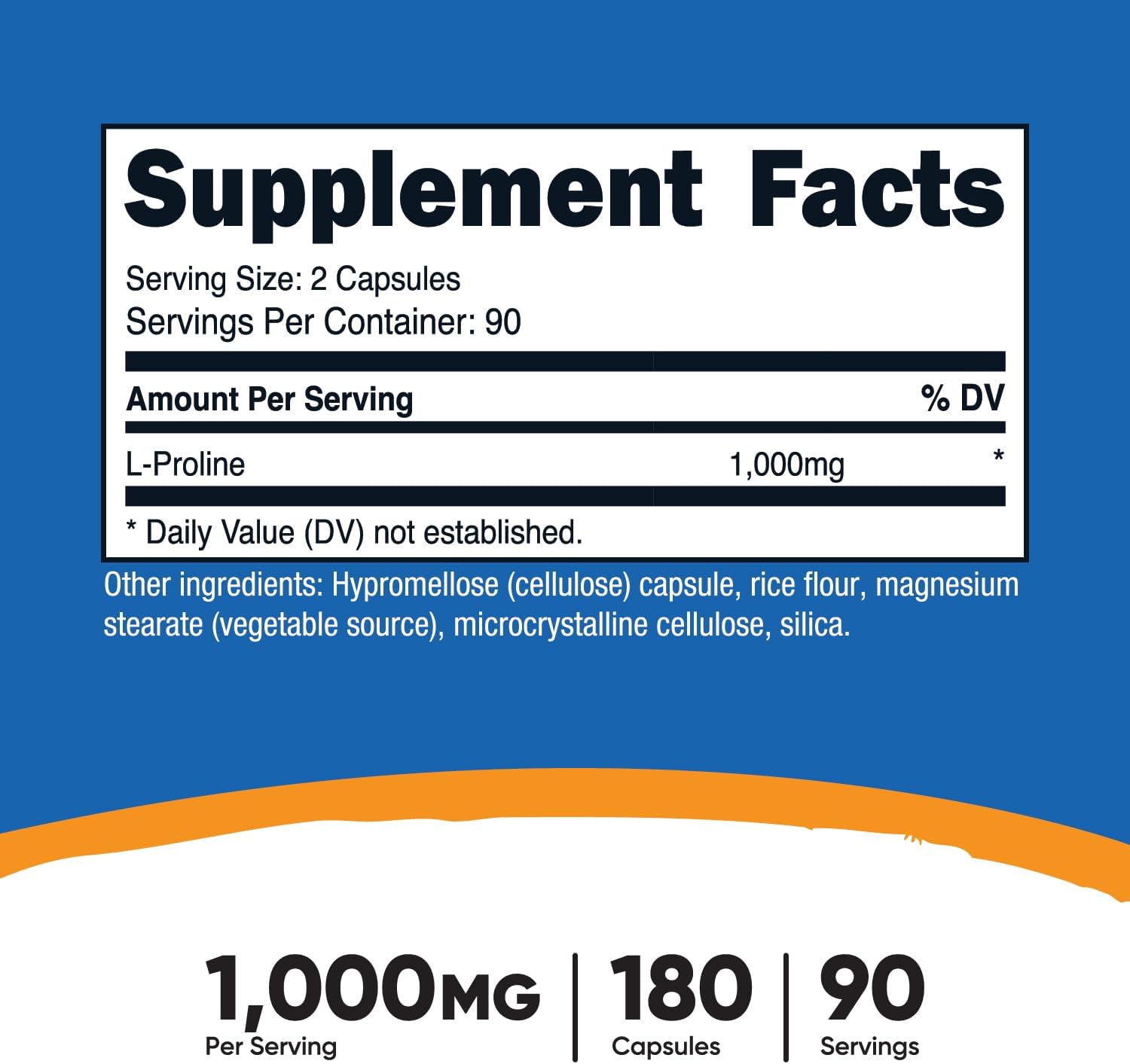 Nutricost L-Proline 1000mg Capsules - 180 Count (90 Servings), 500mg Per Capsule, Non-GMO, Gluten Free