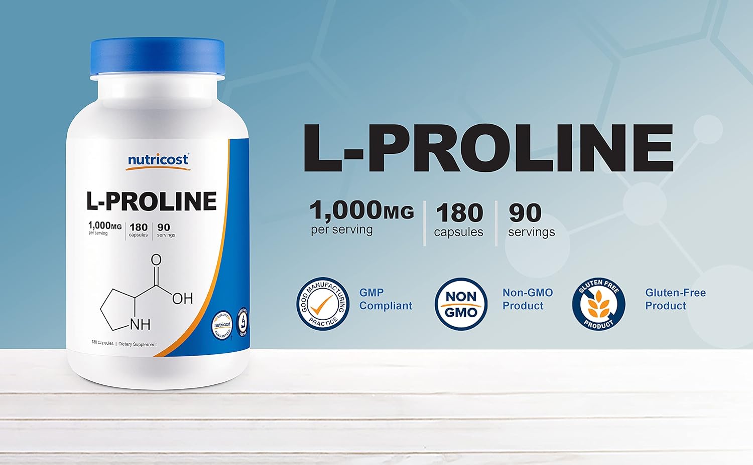 Nutricost L-Proline 1000mg Capsules - 180 Count (90 Servings), 500mg Per Capsule, Non-GMO, Gluten Free