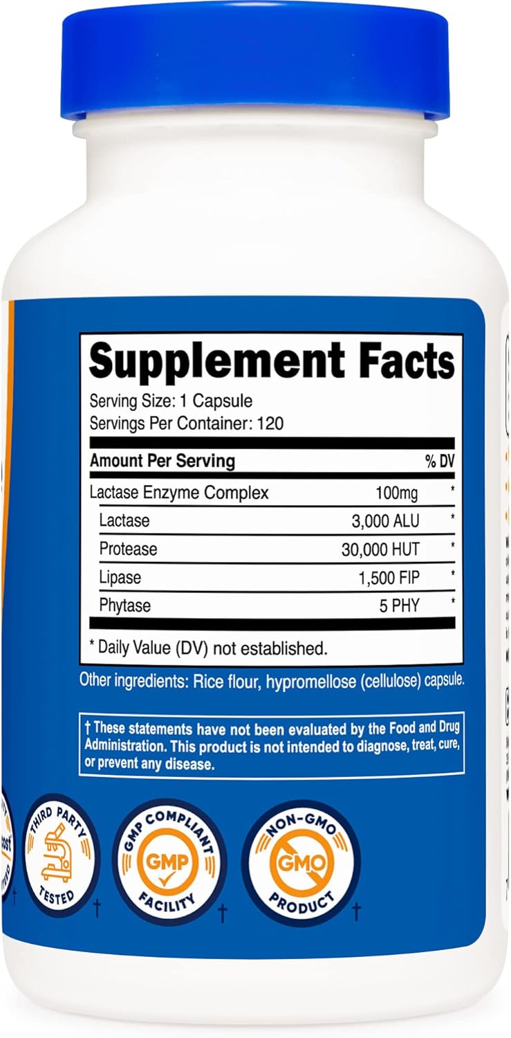 Nutricost Lactase Enzyme Complex 3,000 FCC ALU in 120 Vegetarian Capsules - Non-GMO & Gluten Free (120 Servings)