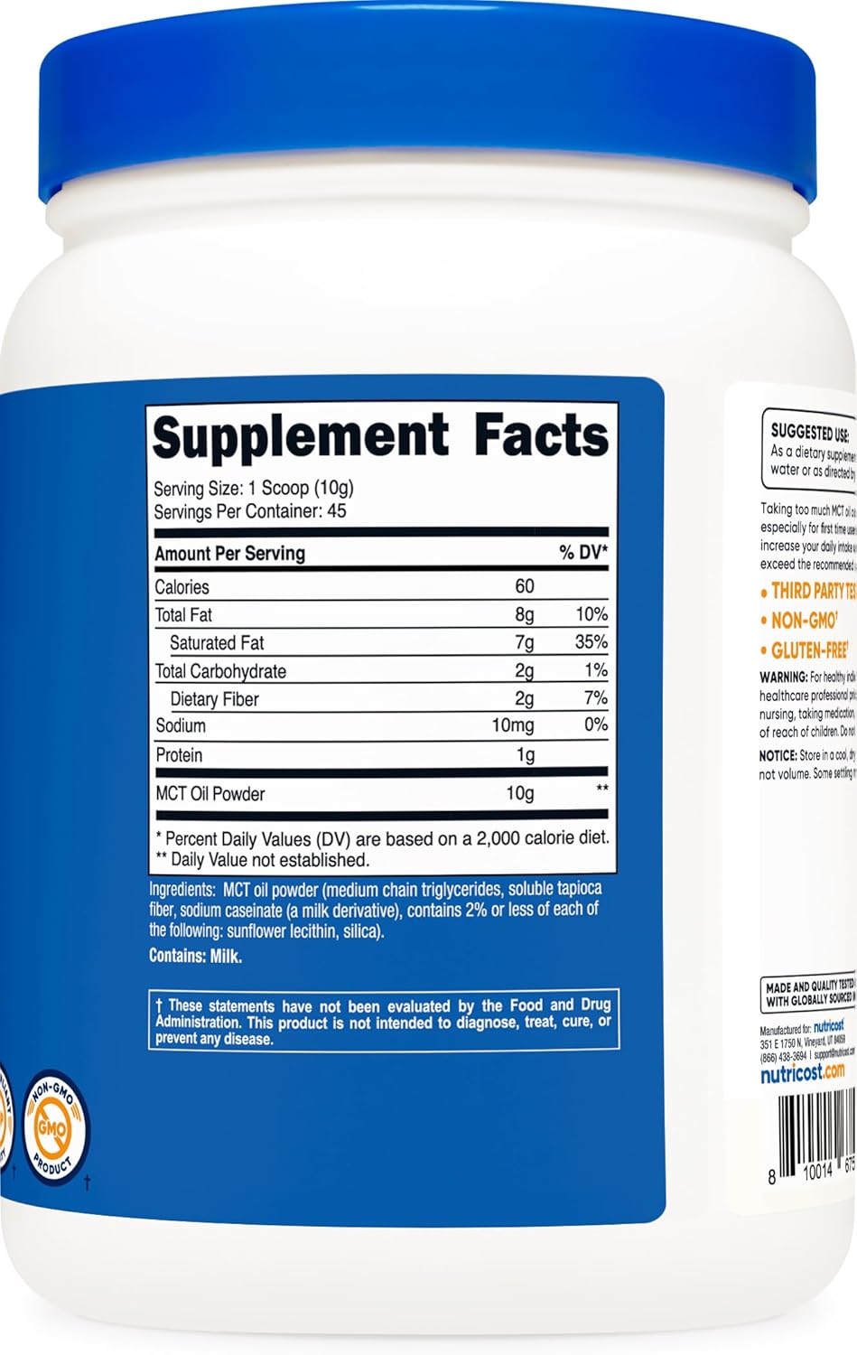 Nutricost MCT Oil Powder 1LB - Ideal for Keto & Ketogenic Diets - Zero Net Carbs, Non-GMO, Gluten-Free - 16oz (Medium Chain Triglyceride)