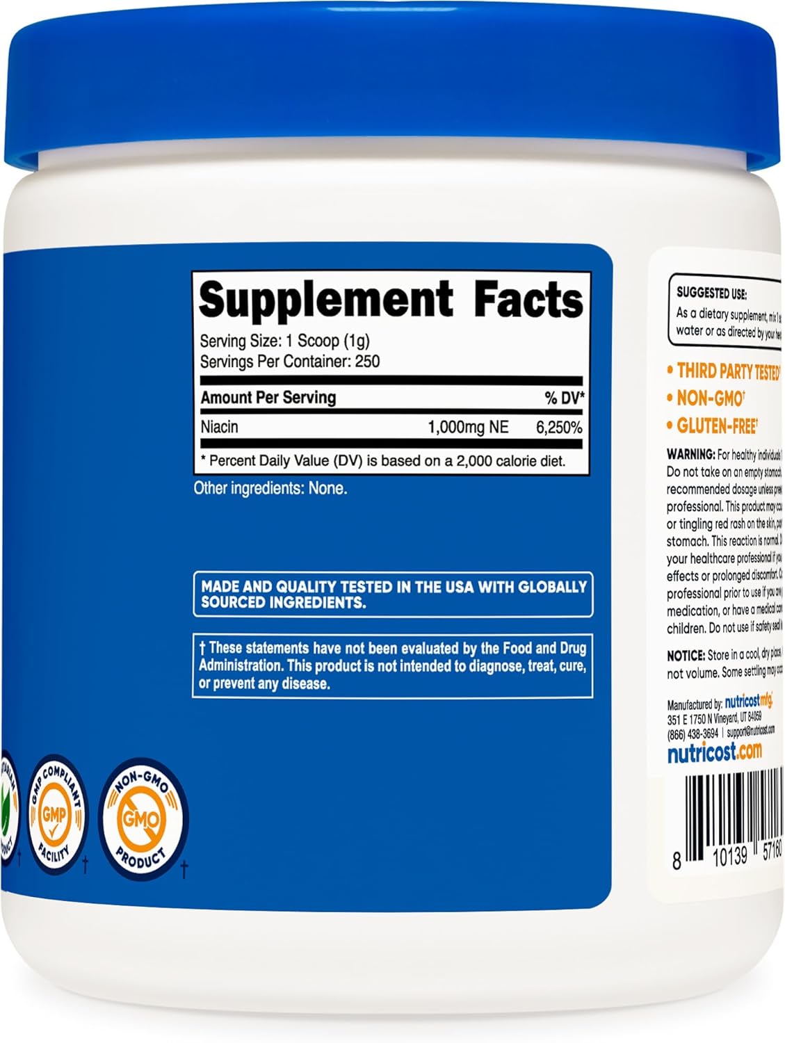 Nutricost Niacin Vitamin B3 Powder 250g - High-Quality Niacin Powder with 1g Per Serving - Flush-Free Formula