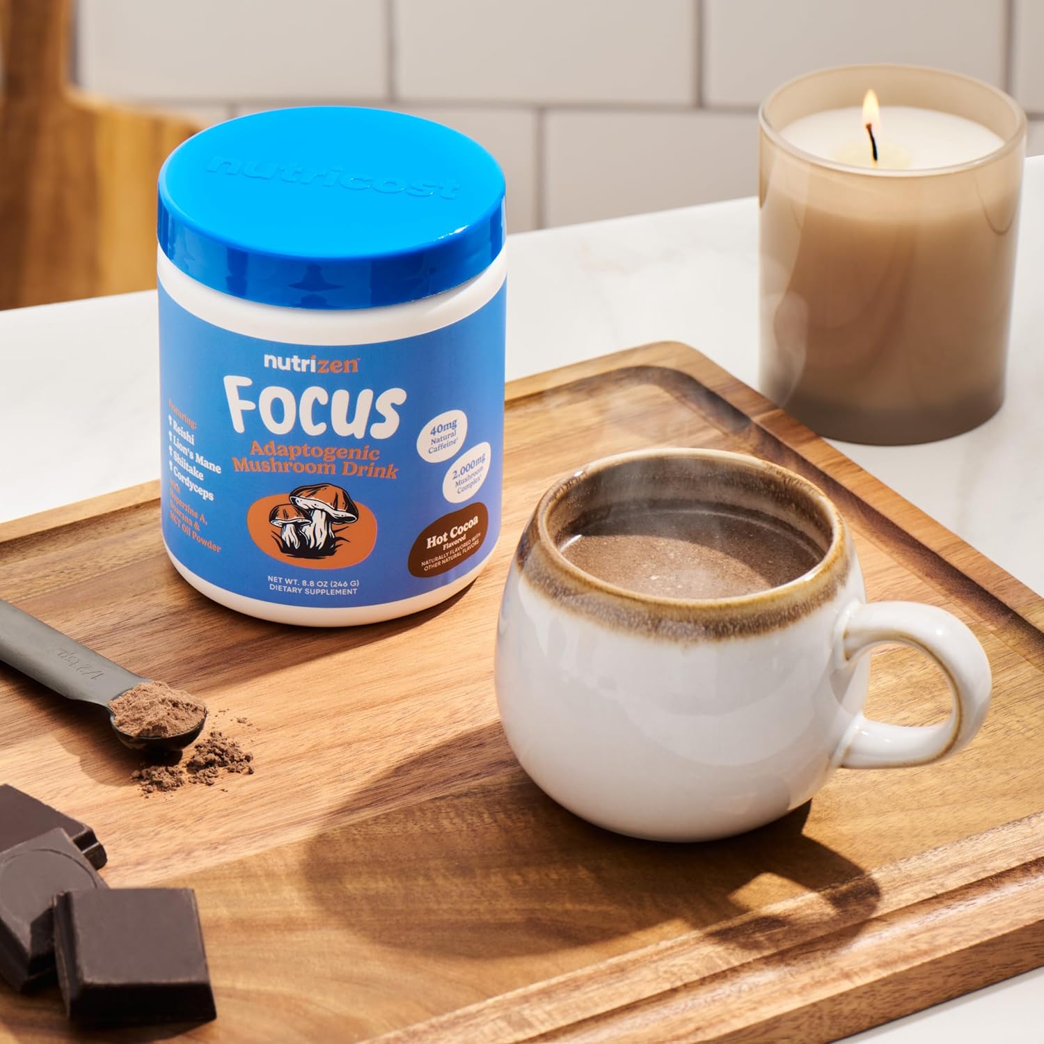 Nutricost Nutrizen AM Focus Adaptogenic Mushroom Drink - Hot Cocoa Flavored, 30 Servings with Reishi, Lion's Mane, Shiitake, Cordyceps