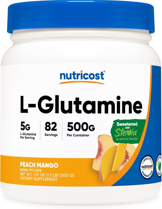 Nutricost Peach Mango L-Glutamine Powder (500g) - Gut Support Supplement with Stevia - 5g L-Glutamine per Serving - Gluten Free, Non-GMO