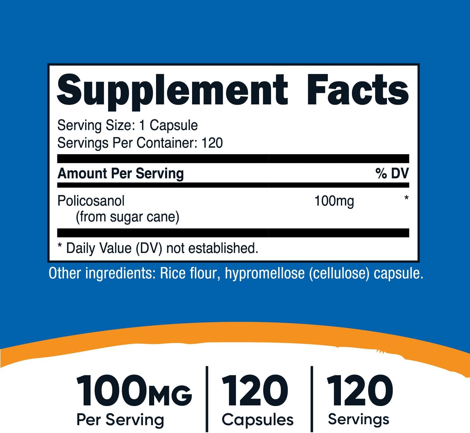 Nutricost Policosanol 100mg Capsules - 120 Count, Gluten Free, Non-GMO, Vegetarian Formula
