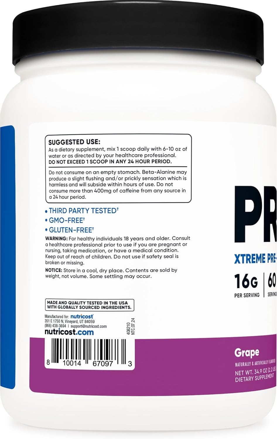 Nutricost Pre-X Xtreme Pre-Workout Complex Powder - Grape Flavor - 60 Servings - Vegetarian - Non-GMO - Gluten Free