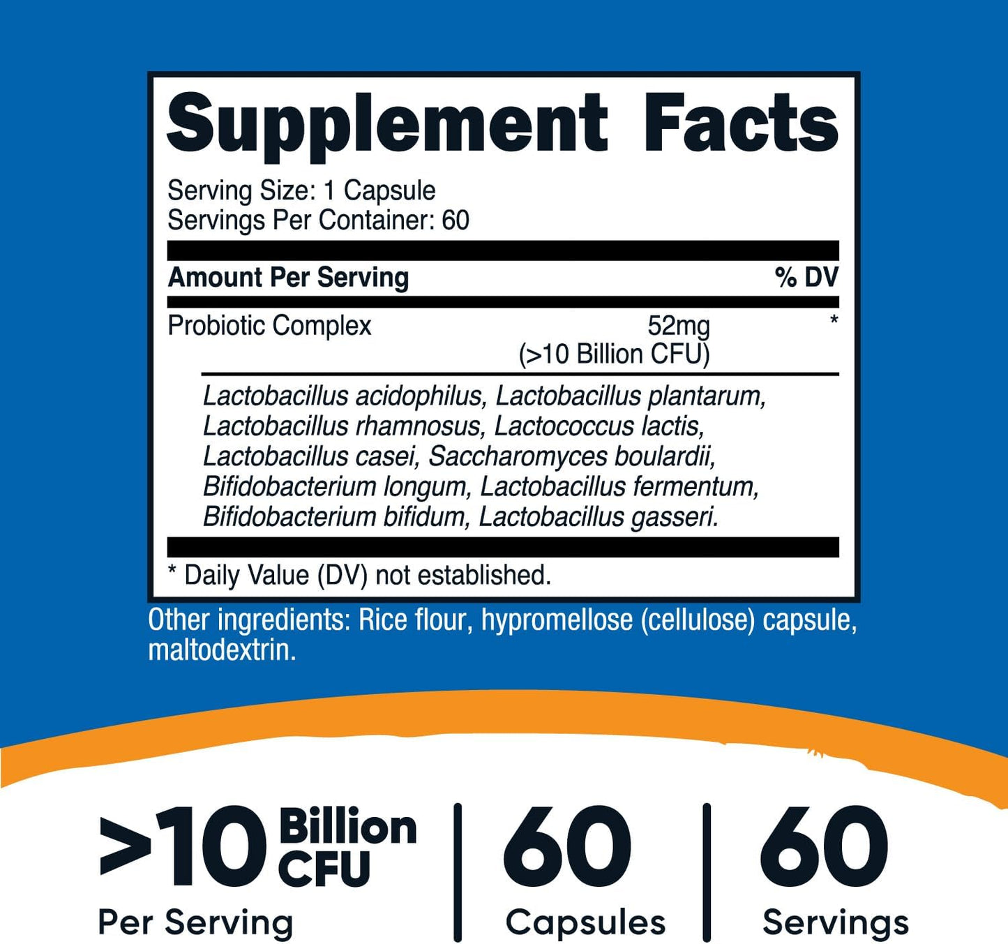 Nutricost Probiotic Complex - 10 Billion CFU, 60 Capsules, Acidophilus + 9 Other Probiotics, Non-GMO, Gluten Free