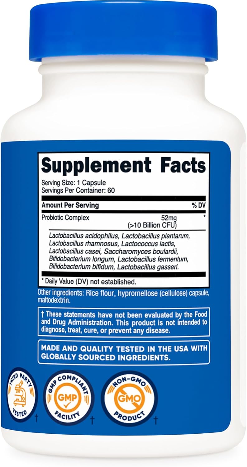 Nutricost Probiotic Complex - 10 Billion CFU, 60 Capsules, Acidophilus + 9 Other Probiotics, Non-GMO, Gluten Free