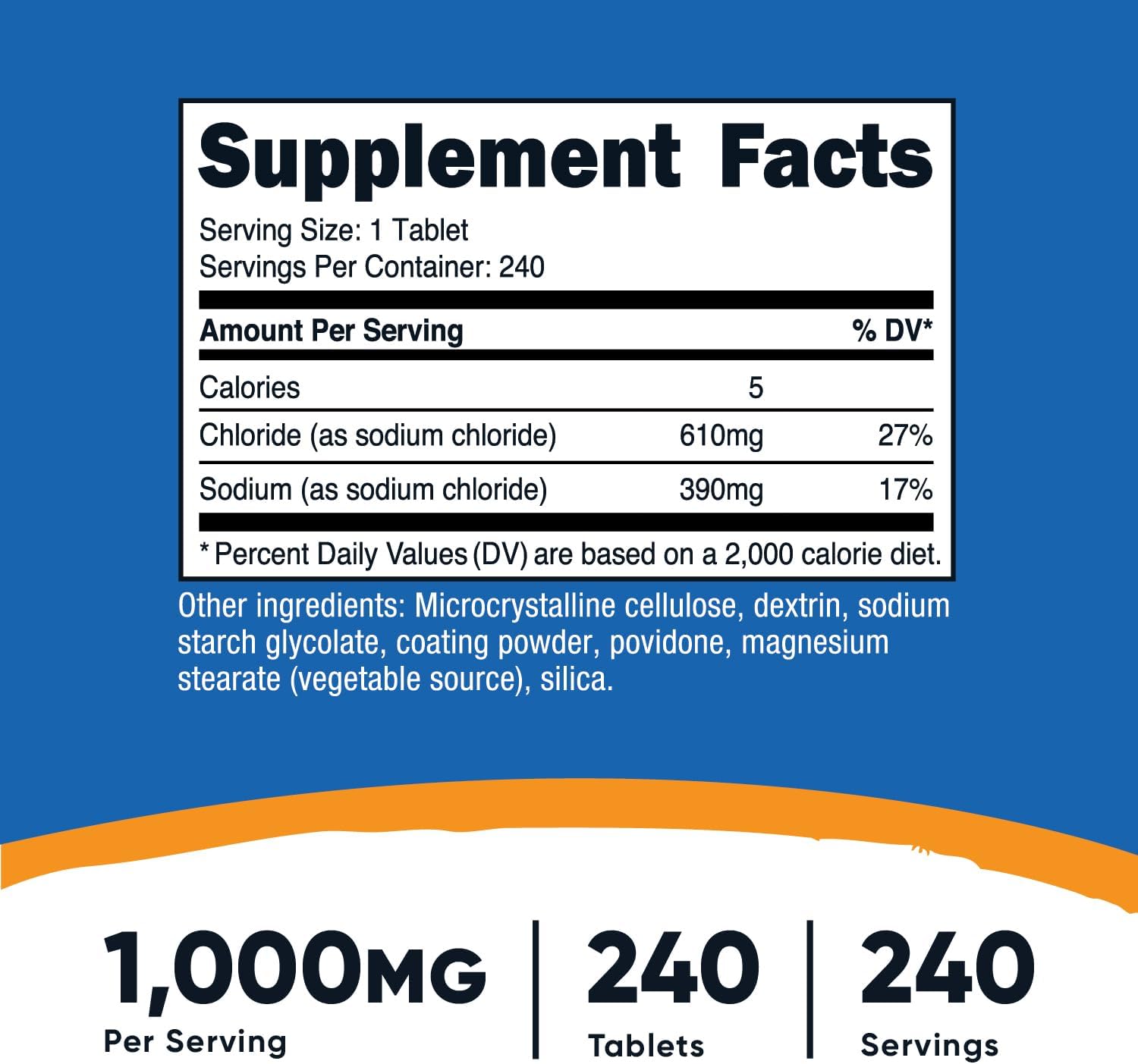 Nutricost Sodium Chloride Tablets - Non-GMO, Gluten Free Salt Tablets, 1000mg, 240 Count