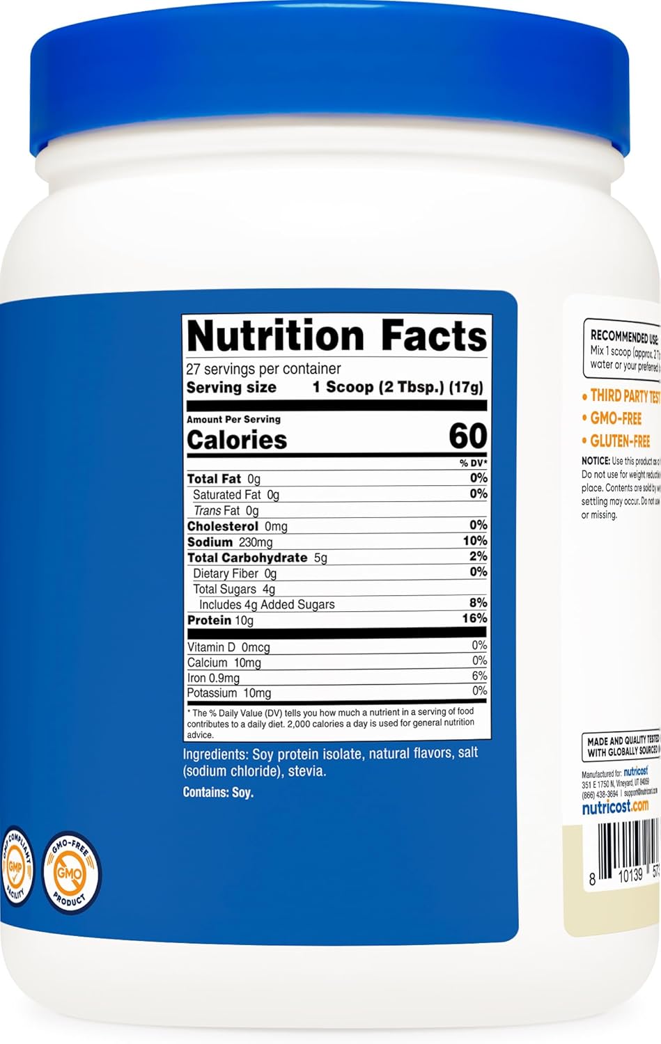 Nutricost Vanilla Soy Protein Isolate Powder - 1 LB, 10g Protein Per Serving, Vegan, Non-GMO, Gluten-Free