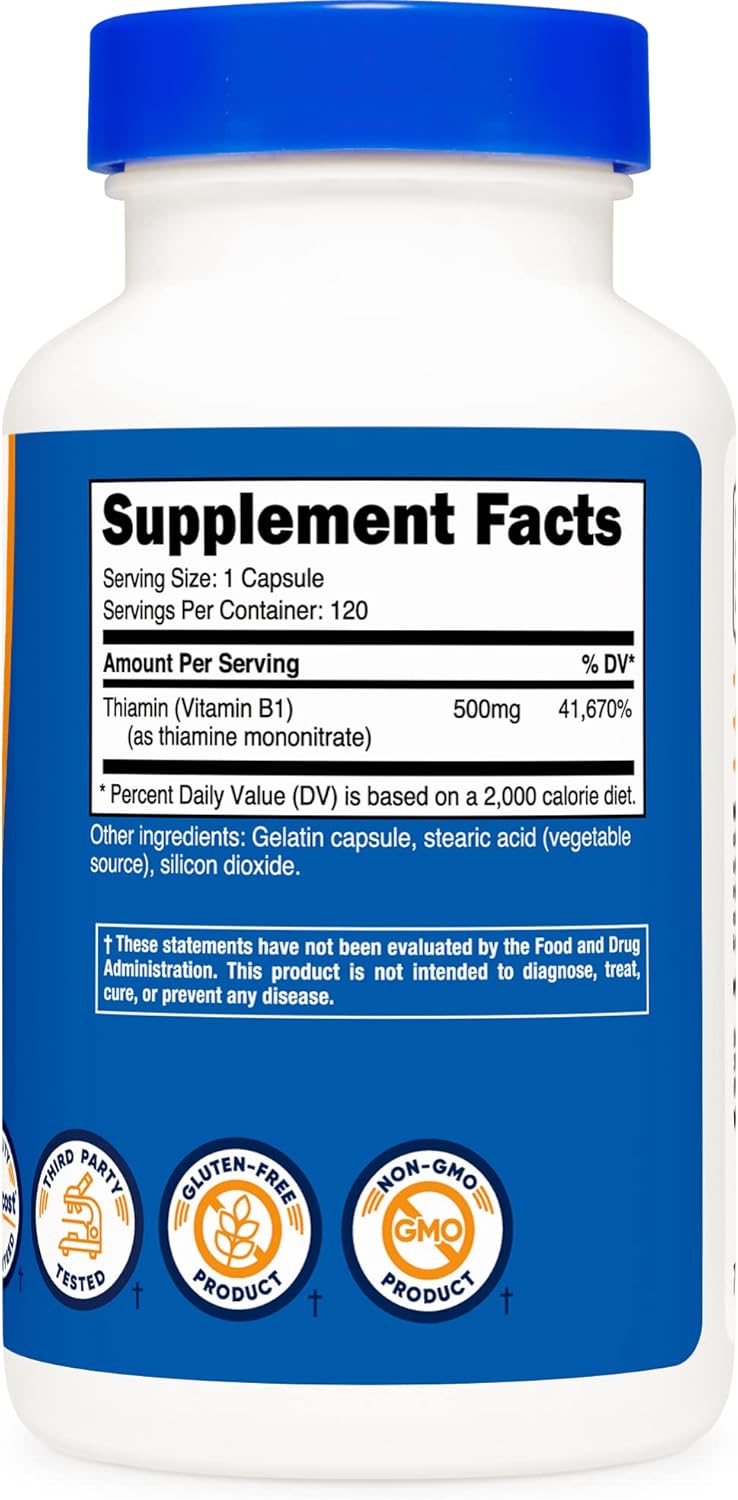 Nutricost Vitamin B1 (Thiamin) 500mg Capsules - Pack of 360 for Energy Support