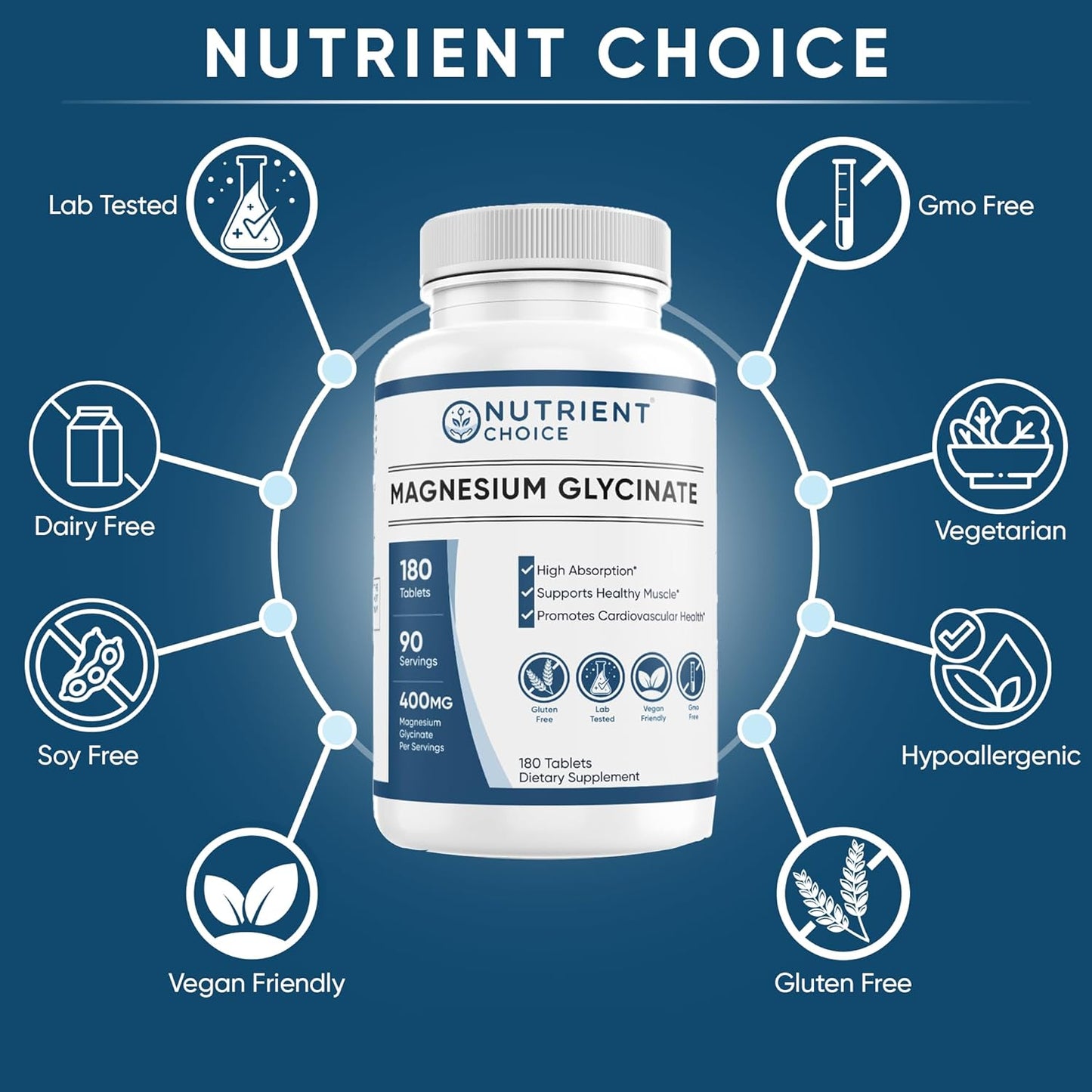 Nutrient Choice Magnesium Glycinate Tablets - 180ct, 400mg, Non-GMO, High Absorption, Gluten-Free, Made in USA - Supports Muscle, Heart, Nerve & Bone Health, Cardiovascular Support - 90 Servings