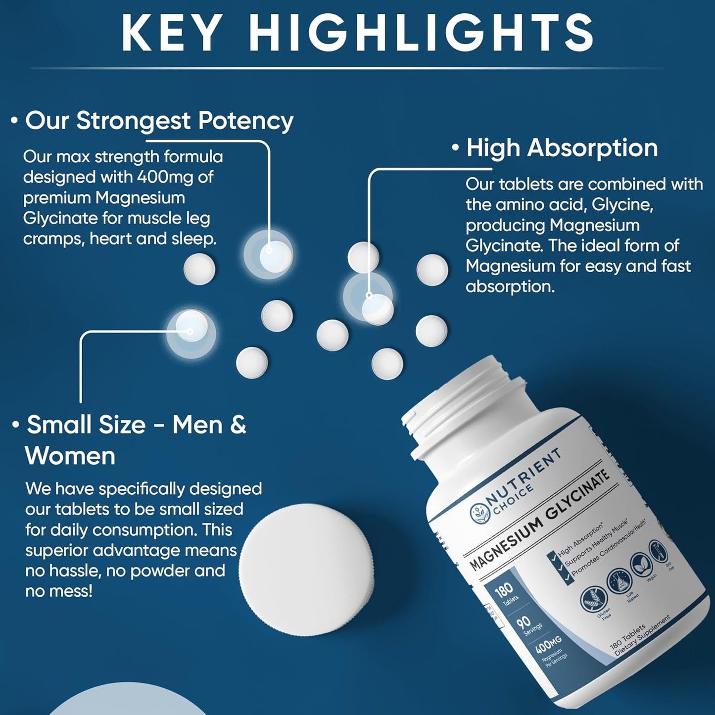 Nutrient Choice Magnesium Glycinate Tablets - 180ct, 400mg, Non-GMO, High Absorption, Gluten-Free, Made in USA - Supports Muscle, Heart, Nerve & Bone Health, Cardiovascular Support - 90 Servings