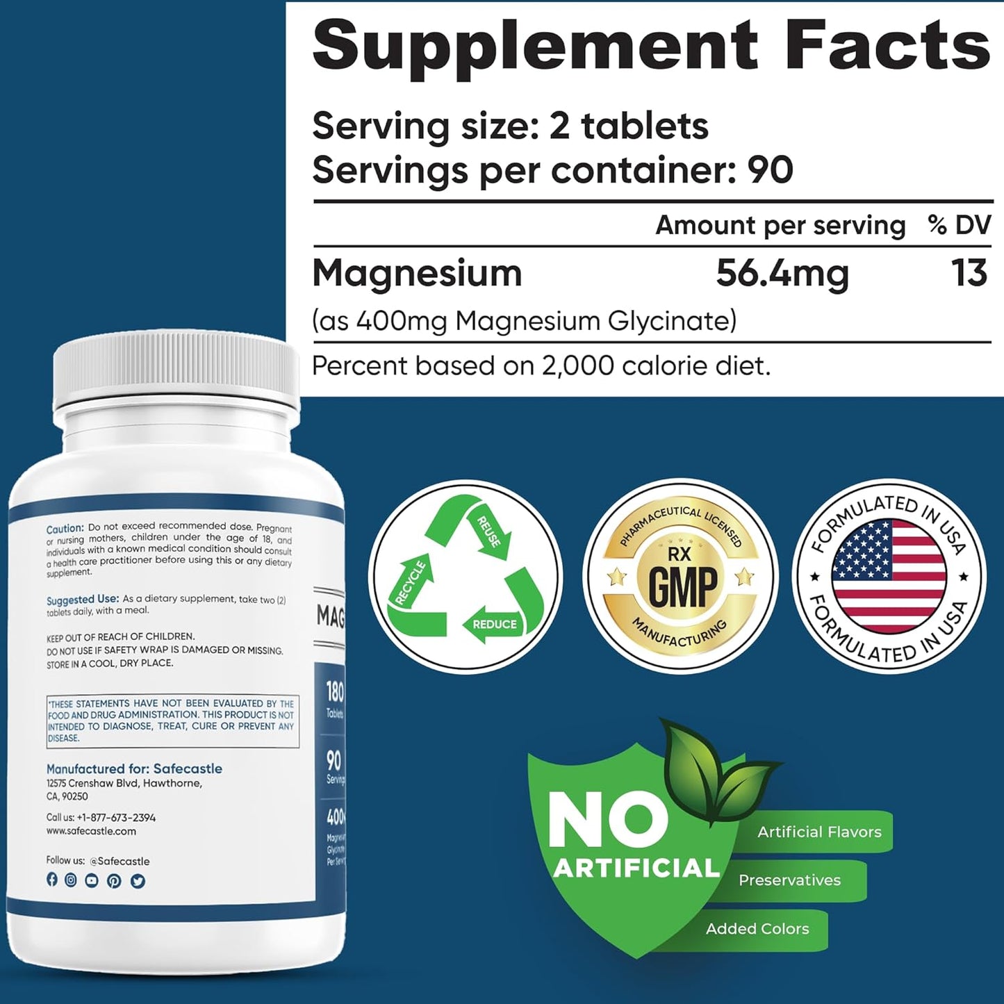 Nutrient Choice Magnesium Glycinate Tablets - 180ct, 400mg, Non-GMO, High Absorption, Gluten-Free, Made in USA - Supports Muscle, Heart, Nerve & Bone Health, Cardiovascular Support - 90 Servings