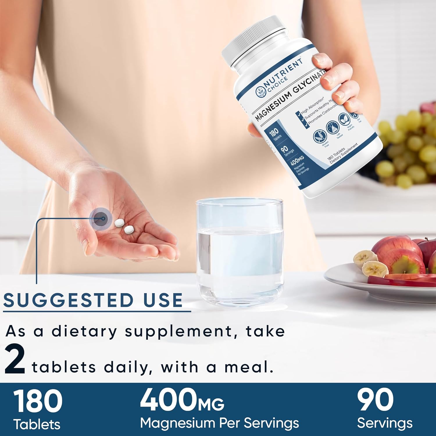 Nutrient Choice Magnesium Glycinate Tablets - 180ct, 400mg, Non-GMO, High Absorption, Gluten-Free, Made in USA - Supports Muscle, Heart, Nerve & Bone Health, Cardiovascular Support - 90 Servings