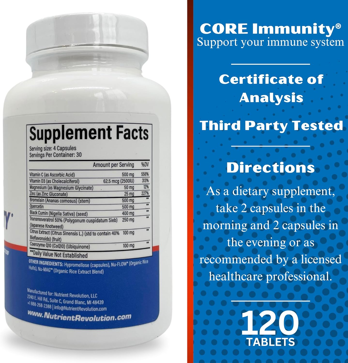 Nutrient Revolution CORE Immunity: Daily Immune Booster with Quercetin & Bromelain - Antioxidant Protection - 120 ct.